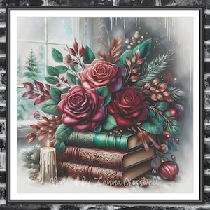 Könnte beinhalten: Gerahmter Druck mit einer Winterszene mit einem Bouquet aus roten Rosen, Grünzeug und Beeren auf einem Stapel Bücher. Eine brennende Kerze und eine rote Kugel sind ebenfalls vorhanden. Der Text "Charted by Zanna Crosswell" ist sichtbar.