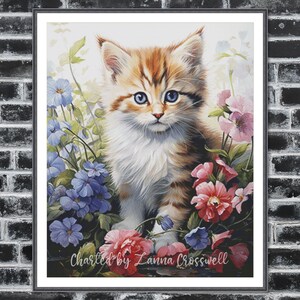 Little Garden Explorer - Kitten volledig dekkend kruissteekpatroon voor gevorderde naaisters. Digitale pdf-patroonhouder en markeringen R-XP getest.