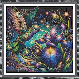 May include: A colorful hummingbird with intricate details flies over a purple and yellow iris flower against a dark background with stars. The image is titled "Charted by Liana Crosswell".
