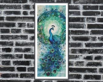 May include: Framed artwork depicting a peacock with a striking display of blue and green plumage. The peacock is set against a backdrop of swirling teal and turquoise tones, with a circular design behind it. The artwork is signed by the artist.