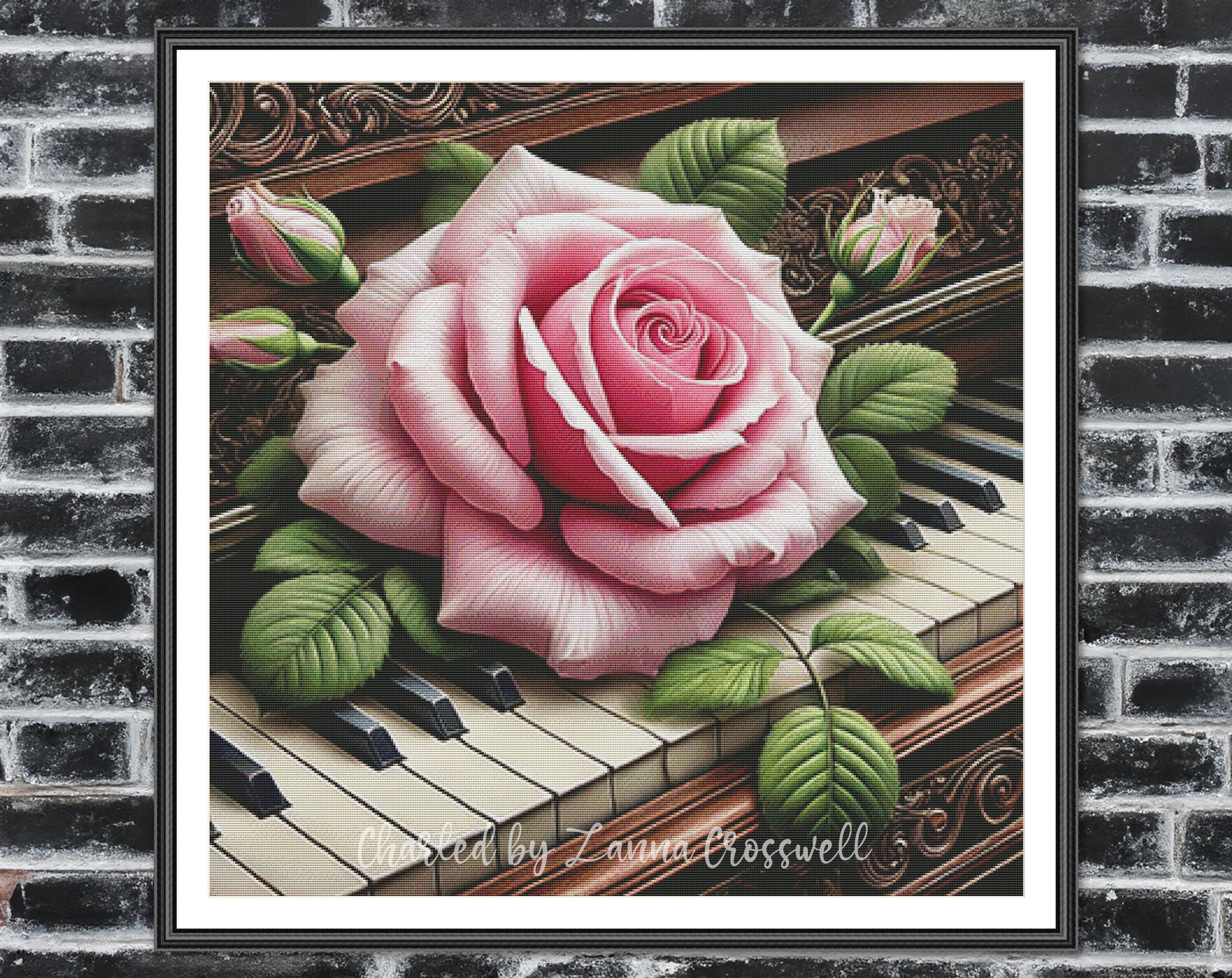 Pink Rose and Piano - Floral Music Modern Full Coverage Cross