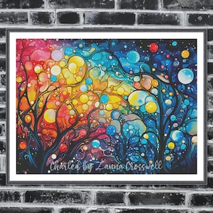 May include: A framed watercolour painting with an abstract design. The artwork features a colourful composition of trees and bubbles in shades of red, orange, yellow, blue, and purple. The text "Charted by Lanna Crosswell" is visible at the bottom.