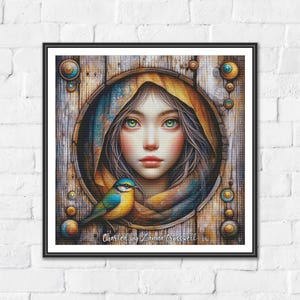 Könnte beinhalten: Gerahmtes Kunstwerk mit einem Porträt einer Frau mit grünen Augen und einem Vogel. Die Frau ist in einer kreisförmigen Öffnung mit einem hölzernen Hintergrund gerahmt. Der Vogel ist blau und gelb. Das Kunstwerk ist vom Künstler signiert.