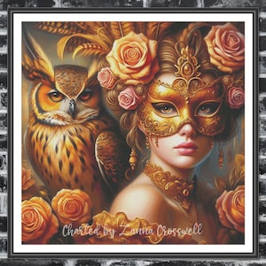 Op de afbeelding: Een ingelijst kunstwerk met een vrouw met een gouden masker en een uil. De vrouw heeft rozen in haar haar en draagt gouden sieraden. De uil is bruin en oranje. Het kunstwerk is gesigneerd met "Charted by Zanna Crosswell".