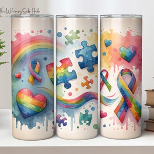 Autism Awareness Rainbow Hearts Watercolor 20 & 30 oz Straight Skinny Tumbler Wrap Sublimation Seamless Design. Digital Download PNG.