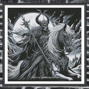 May include: Black and white illustration of a skeletal figure riding a white horse. The figure is wearing a crown and holding a staff. The background is a dark sky with a full moon and stars.