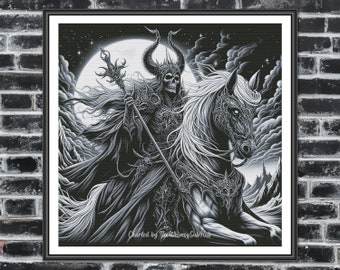 Dark Rider - Fantasy Gothic großes, modernes schwieriges Kreuzstichmuster für fortgeschrittene Näher. Herunterladbare und druckbare PDF-Datei
