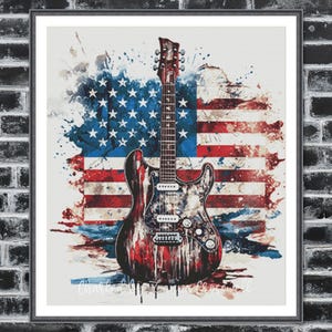 May include: A framed print featuring an electric guitar design with a patriotic theme. The guitar is painted in red, white, and blue, with the American flag as a backdrop. The artwork has a watercolor effect, with paint splatters.