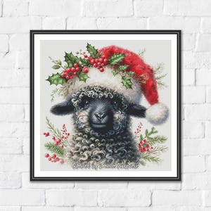 May include: A framed watercolor print of a black sheep wearing a red Santa hat adorned with holly and berries. The sheep's face is centered, with a fluffy, curly coat. Festive greenery and berries surround the sheep, creating a holiday theme.