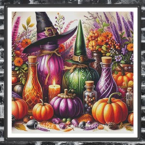 May include: A still life painting of a witch's potion scene with a black witch hat, purple, green, and clear glass bottles, pumpkins, and flowers.