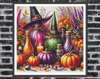 Witchy Potions (Klein) - Halloween modernes Kreuzstichmuster für Fortgeschrittene. Druckbares PDF. Musterhüter Geprüft
