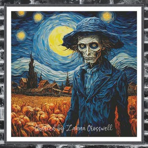 May include: A framed print featuring a spooky figure in a blue coat and hat, set against a starry night sky and a field of pumpkins. The artwork is in a painterly style, with the text "Charted by Zanna Crosswell" at the bottom.