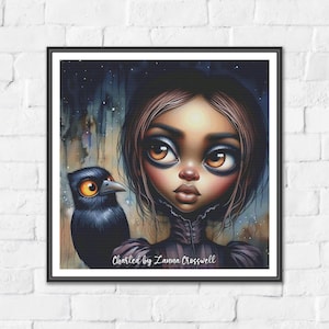 Thalia and the Shadowbird -  Gothic Girl Raven Modern Full Coverage Cross Stitch Pattern For Advanced Stitchers. PDF Pattern Keeper Tested.
