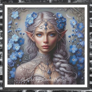 May include: A digital painting of a woman with long, silver hair and blue eyes. She is wearing a white lace dress and a silver necklace. She is surrounded by blue flowers.