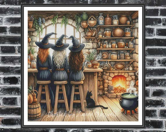 The Spell Sisters - Witches Coven High Difficulty Modern Full Coverage Cross Stitch Pattern For Advanced Stitchers. Printable PDF.