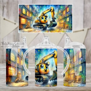 Bunte niedliche Bagger Cartoon Aquarell 12 Unzen Kinder Schnabeltasse Gerade Wrap Sublimation Nahtloses Design. Druckbare Digital Download PNG.