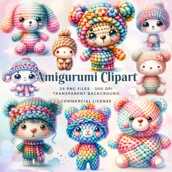 Cute Crocheted Amigurumi Toys Watercolor Clipart Bundle. Clipart Set For Sublimation. Personal and Commercial Use License. POD Allowed.