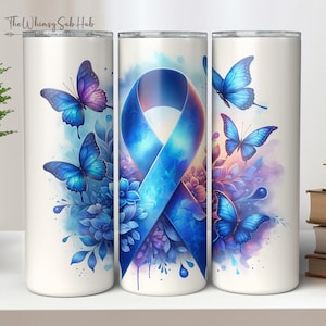 Nastro blu farfalla consapevolezza del cancro acquerello 20 e 30 oz dritto magro tumbler avvolgere sublimazione design senza soluzione di continuità download digitale PNG