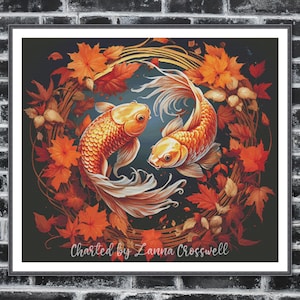 Könnte beinhalten: Gerahmtes Kunstwerk mit zwei orangefarbenen Koi-Fischen, die in einem Kreis aus Herbstblättern schwimmen. Das Kunstwerk hat einen dunklen Hintergrund und den Text "Charted by Zanna Crosswell" unten.