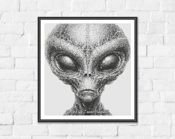 Alien Portrait - Minimalist Monochrome One Color Counted Cross Stitch Pattern. Downloadable PDF Pattern Keeper & Markup R-XP Tested.