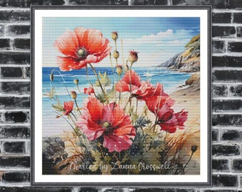 Poppies by the Shore - Floral Beach Landscape Modern Full Coverage Counted Cross Stitch Pattern For Advanced Stitchers. Printable PDF