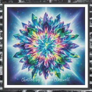 May include: A framed print featuring a vibrant, multi-colored crystal formation against a blue and purple background. The artwork, with a central starburst design, showcases shades of blue, green, purple, and yellow. The text "Charted by Zonna Crosswell" is visible at the bottom.