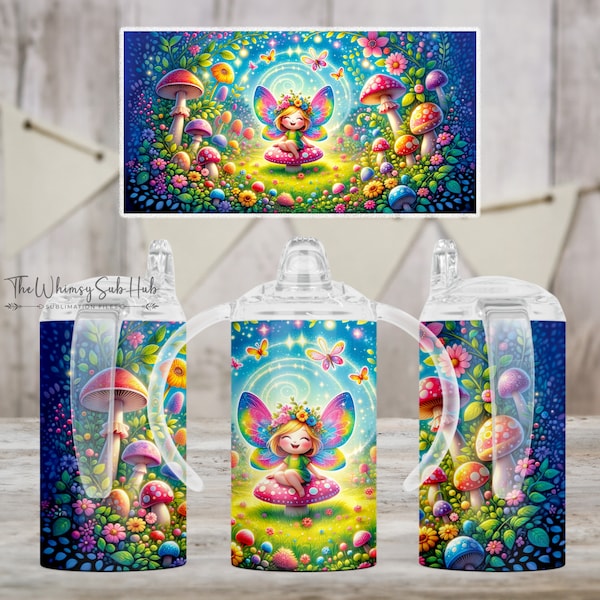 Vibrant Fantasy Mushroom Fairy 12 oz Kids Sippy Cup Straight Wrap Sublimation Seamless Design. Printable Digital Download PNG.