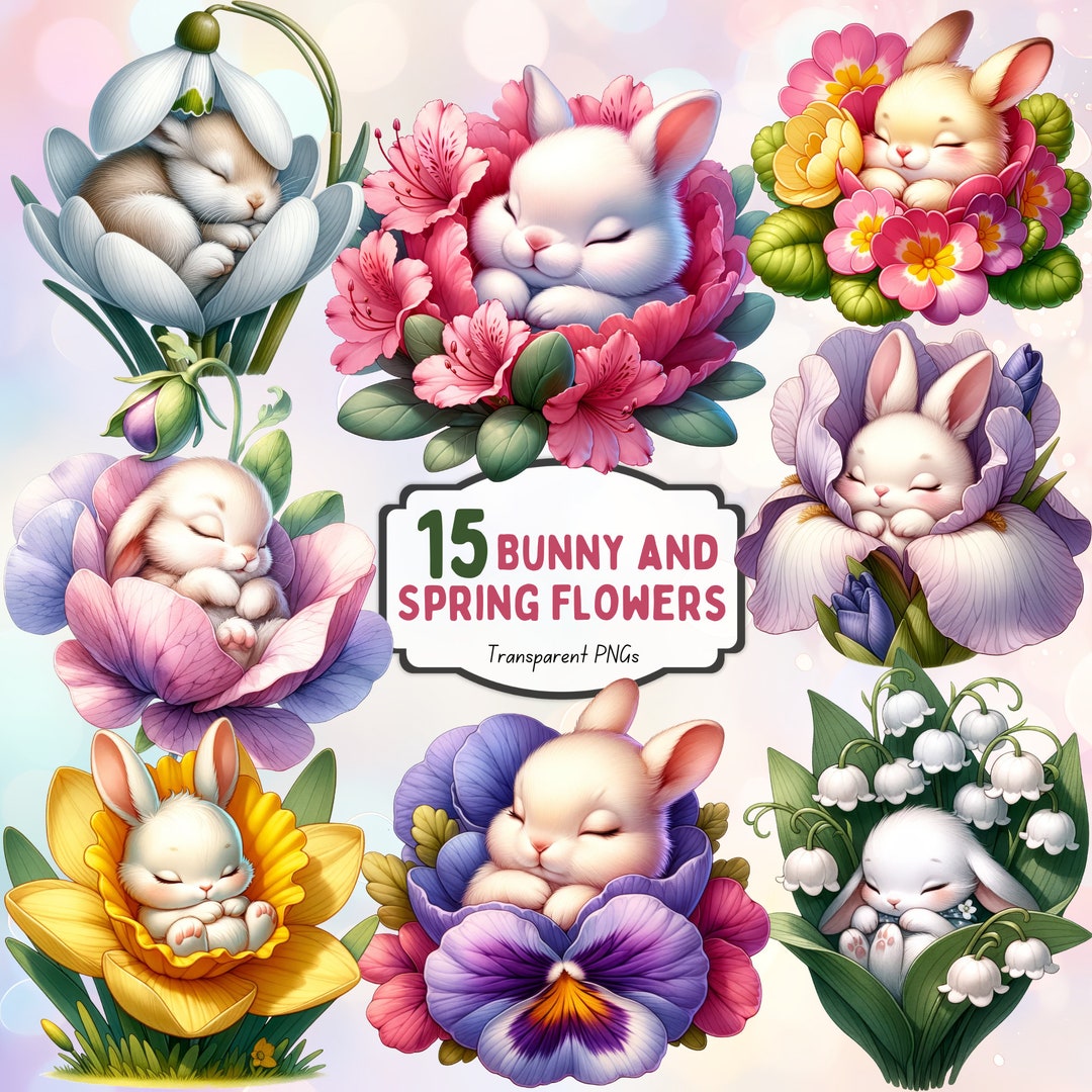Cute Bunny in Spring Flowers Watercolor Clipart Bundle. Clipart Set for