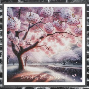 May include: A framed print of a cherry blossom tree in full bloom. The artwork features a soft color palette of pinks, purples, and whites, with the text "Charted by Zanna Crosswell" at the bottom.