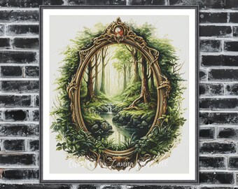 The Woodland Mirror - Modern Full Coverage Cross Stitch Pattern For Advanced Stitchers. Downloadable PDF Pattern Keeper Compatible.