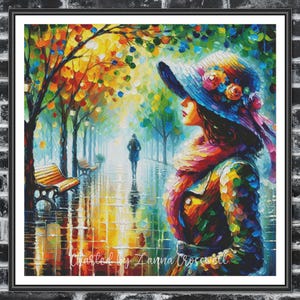 May include: A framed, colourful impressionist painting of a woman in a hat walking on a wet path. The artwork features vibrant hues of orange, yellow, blue, and green, with a blurred background of trees and benches. The artist's name is visible.