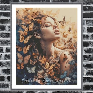 May include: A framed art print featuring a woman surrounded by butterflies in shades of orange, blue, and gold. The artwork has a dreamy, ethereal quality, with the woman's eyes closed and her face tilted upwards. The text "Charted by Zanna Crosswell" is at the bottom.