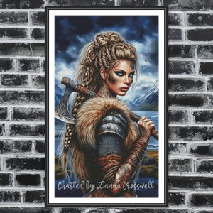 May include: A digital illustration of a woman with long, braided, blonde hair wearing a fur-lined leather tunic and holding a large axe. The background is a blue and white landscape with mountains and water.