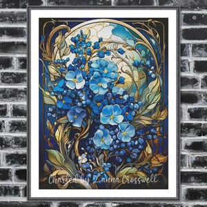 Può includere: Stampa artistica incorniciata con un design floreale stilizzato nei toni del blu, oro e verde. L'opera presenta fiori blu con centri bianchi, circondati da foglie dorate e verdi. Il testo "Charted by Zanna Crosswell" è visibile.
