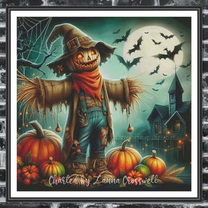 May include: A framed Halloween-themed artwork featuring a scarecrow with a carved pumpkin head, wearing a hat and overalls, standing in a field of pumpkins. Bats fly in front of a full moon, with a spooky house in the background. The artwork is signed "Charted by Lanna Crosswell".