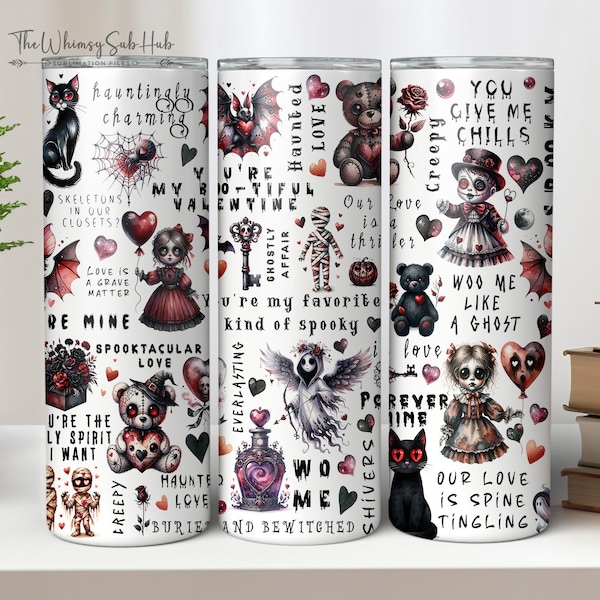 Spooky Valentine's Day Humour Funny Watercolor 20 & 30 oz Straight Skinny Tumbler Wrap Sublimation Seamless Design. Digital Download PNG.