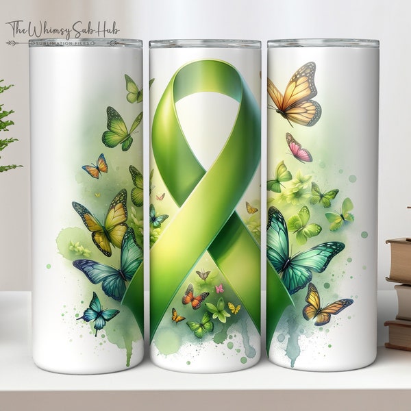 Lime Green Ribbon Butterfly Cancer Awareness 20 & 30 oz Straight Skinny Tumbler Wrap Sublimation Seamless Design Digital Download PNG