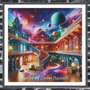 Puede incluir: Un patrón de punto de cruz colorido de temática fantástica que representa una gran biblioteca con una escalera de caracol que conduce a un techo celestial con planetas y estrellas. El texto "Charted by Lanna Crosswell" está en la parte inferior de la imagen.