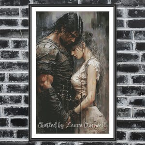 May include: A framed art print showing a couple embracing in the rain. The artwork is in a watercolour style with muted tones of grey, black, and white. The text "Charted by Zanna Crosswell" is at the bottom.
