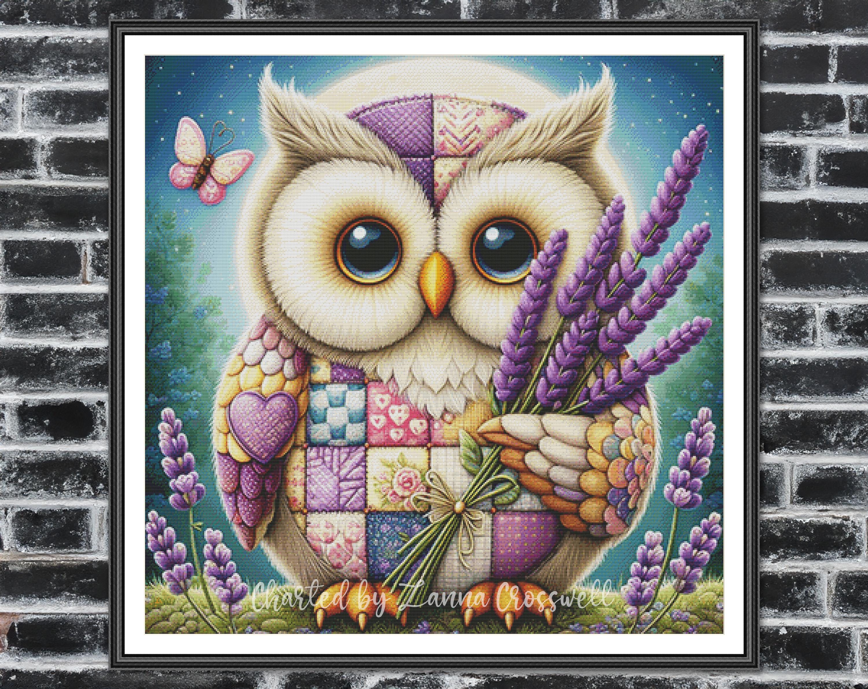 Lavender Hoot - Cute Patchwork Owl Large Modern Full Coverage Counted Cross Stitch Pattern For Exper