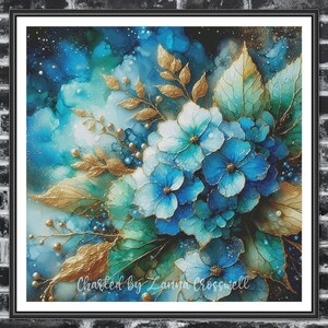 May include: A watercolor painting of blue hydrangeas with gold leaf accents. The flowers are arranged in a bouquet and are surrounded by a blue and green background. The painting is signed "Charted by Lanna Crosswell".