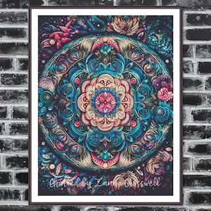 May include: A framed mandala art print with a vibrant, symmetrical design. The artwork uses blues, pinks, and teals, with floral and geometric patterns. The print includes the text "Charted by Lanna Crosswell" at the bottom, presented in a dark frame.