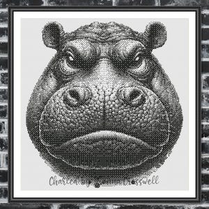 Angry Hippo - Minimalist Monochrome One Color Counted Cross Stitch Pattern. Downloadable PDF Pattern Keeper & Markup R-XP Tested.