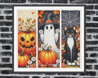 Spooky Season - Halloween Kreuzstichmuster für Fortgeschrittene. Herunterladbare druckbare PDF-Musteranleitung.