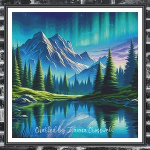 May include: A framed landscape print depicts a serene lake scene with mountains and evergreen trees under a vibrant aurora borealis. The artwork features a color palette of blues, greens, and purples, with the text "Charted by Zanna Crosswell" at the bottom.