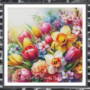 Può includere: Dipinto ad acquerello incorniciato di una vivace composizione floreale. Il bouquet presenta tulipani rossi, rosa e gialli, narcisi e altri fiori colorati. Il testo "Charted by Lanna Crosswell" è visibile in basso.