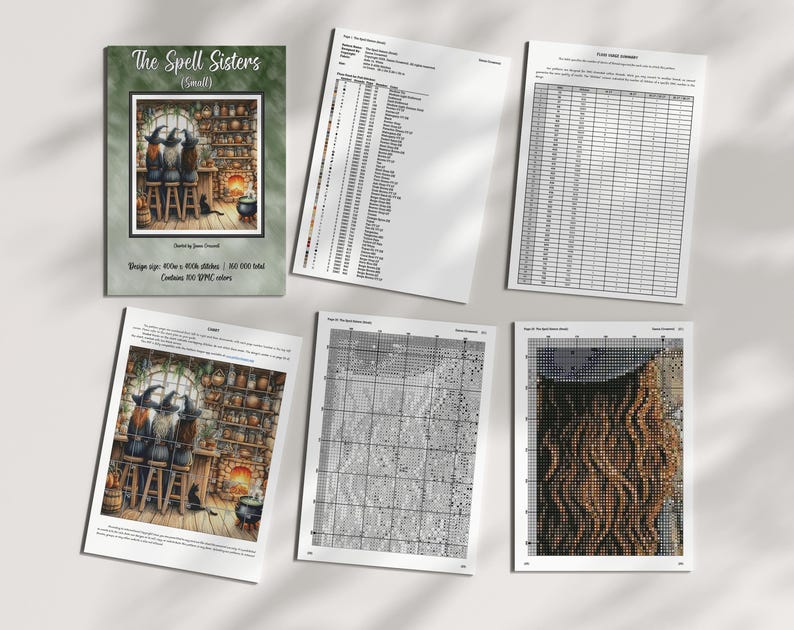 K&ouml;nnte beinhalten: Ein Kreuzstichmuster f&uuml;r ein gez&auml;hltes Kreuzstichprojekt mit dem Titel "The Spell Sisters (Small)". Das Muster zeigt drei Hexen, die an einem Tisch in einem Raum voller Tr&auml;nke und anderer magischer Gegenst&auml;nde sitzen. Das Muster wurde von Joanne Drummond entworfen und umfasst 100 DMC-Farben.