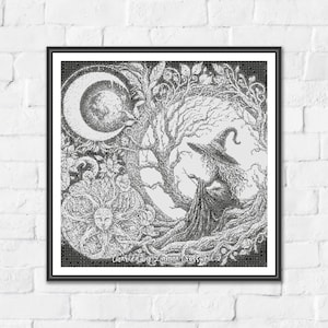 May include: A black and white cross stitch pattern featuring a witch wearing a pointed hat sitting on a tree branch. The design includes a crescent moon, a sun face, and intricate foliage. The text "Charted by Laura Cross" is printed at the bottom.