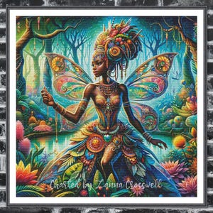 May include: A vibrant, framed artwork depicts a Black fairy in a colorful, detailed costume with large, ornate wings. The fairy stands in a lush, fantastical forest setting with a pond. The artwork is signed "Charted by Zanna Crosswell".