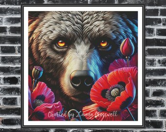 Poppy Bear - Modern Full Coverage Cross Stitch Pattern For Advanced Stitchers. Downloadable PDF Pattern Keeper Compatible.